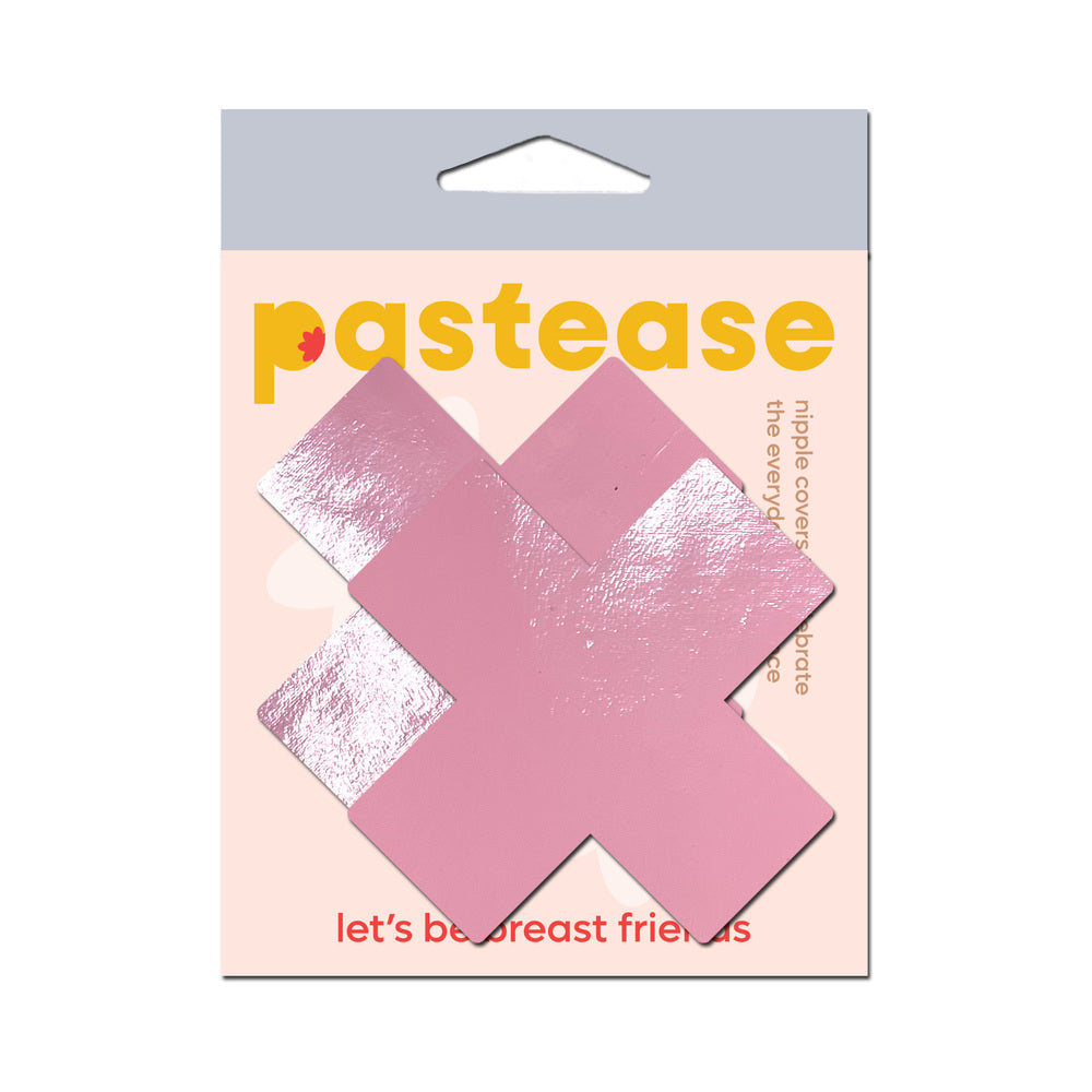 PASTEASE - PLUS X: FAUX LATEX PLEATHER VINYL BABY PINK CROSS PASTIES
