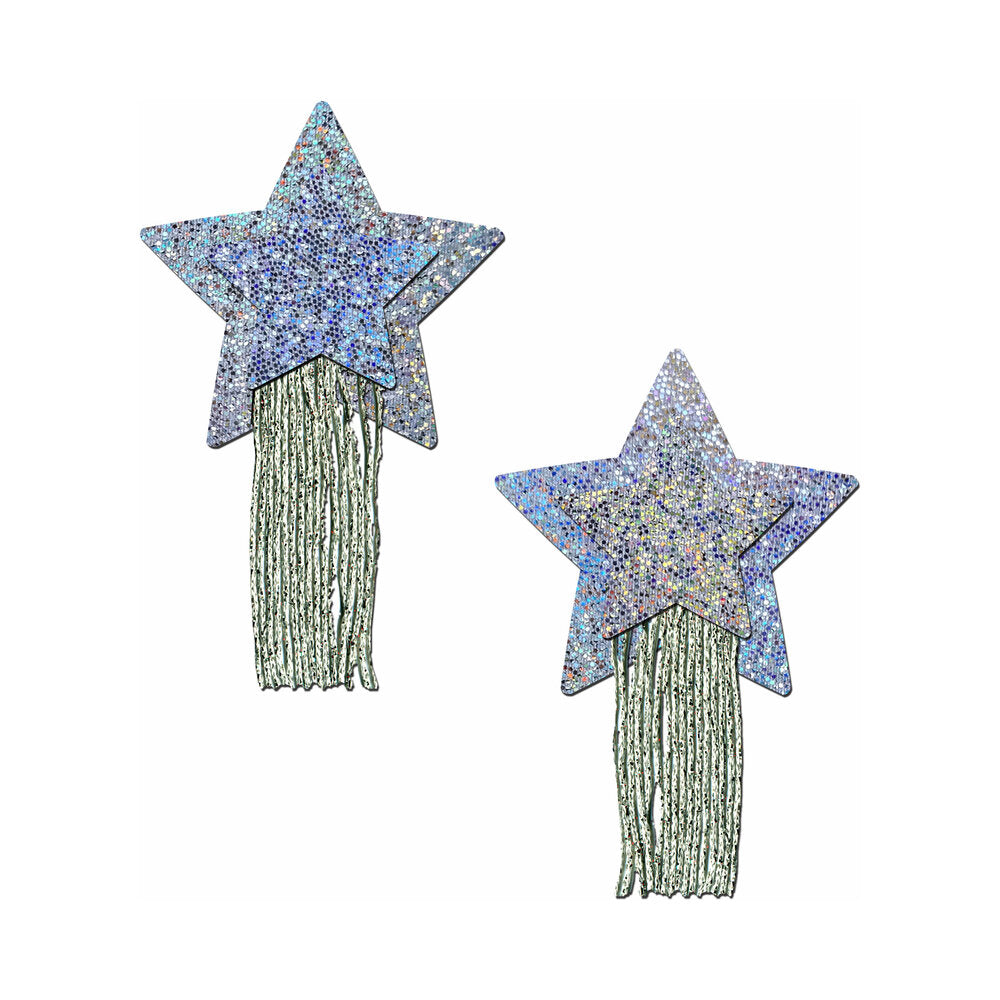 PASTEASE STAR: TASSEL PASTIES: SILVER GLITTER STAR WITH FRINGE PASTIES