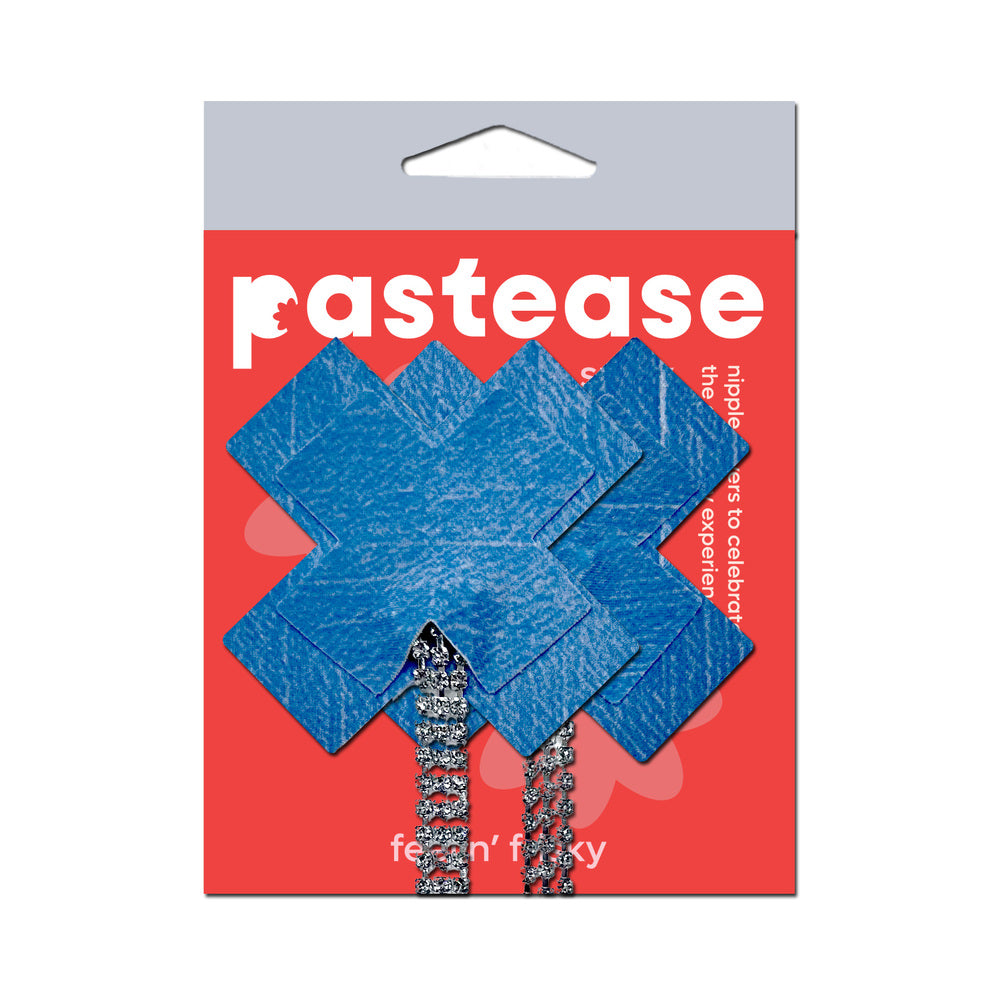 PASTEASE - TASSEL PASTIES: DENIM PLUS X WITH LONG RHINESTONE TASSEL