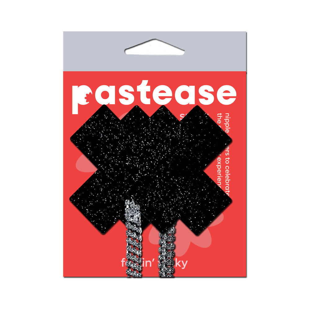 PASTEASE - TASSEL PASTIES: BLACK SPARKLE PLUS X WITH LONG RHINESTONE TASSEL