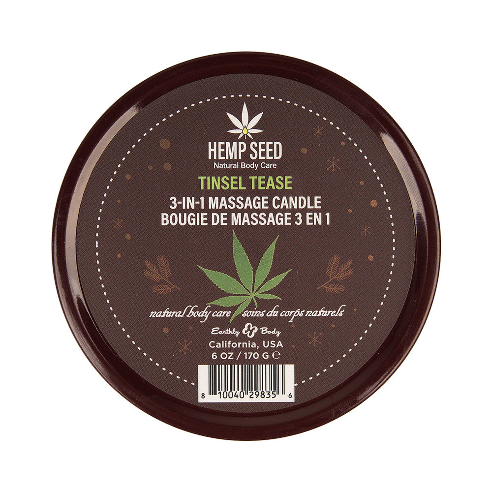 EARTHLY BODY HEMP SEED 3-IN-1 MASSAGE CANDLE TINSEL TEASE 6 OZ.