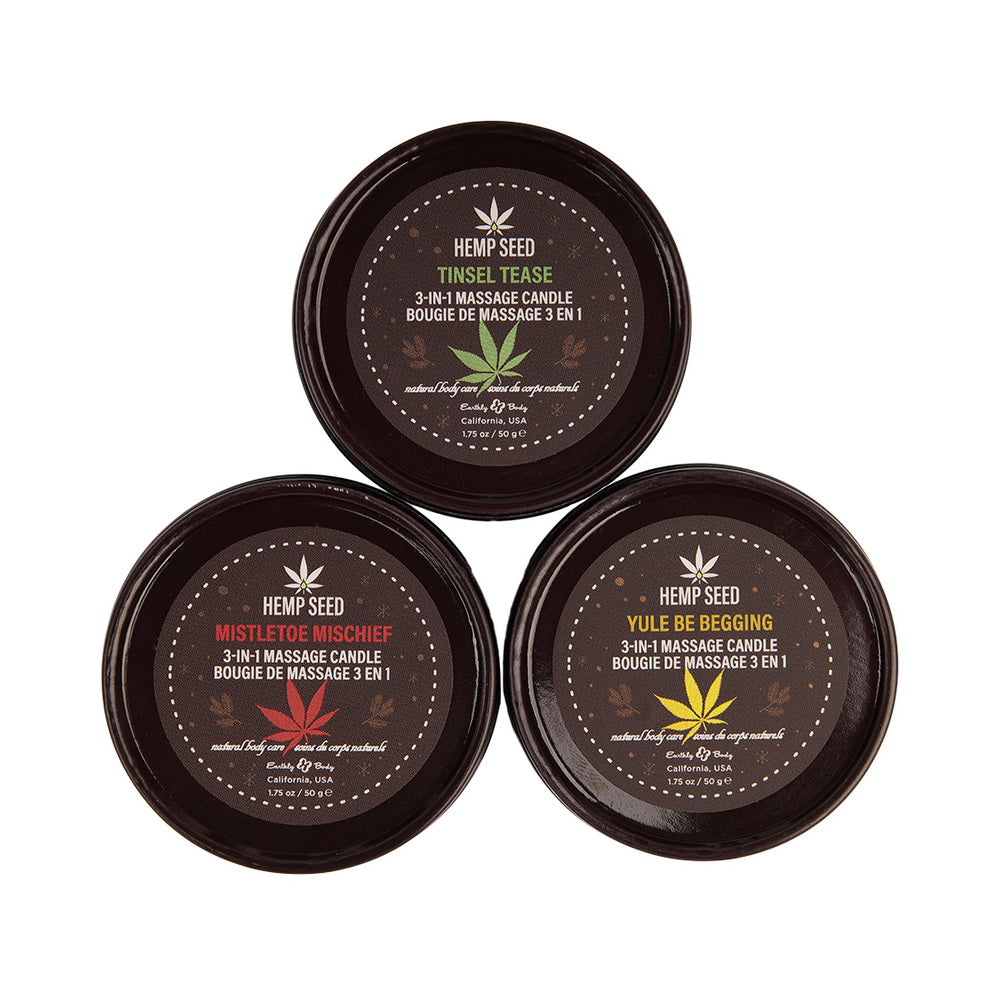 EARTHLY BODY HEMP SEED 3-IN-1 MASSAGE CANDLE HOLIDAY TRIO: MISTLETOE MISCHIEF, TINSEL TEASE, YULE BE BEGGING
