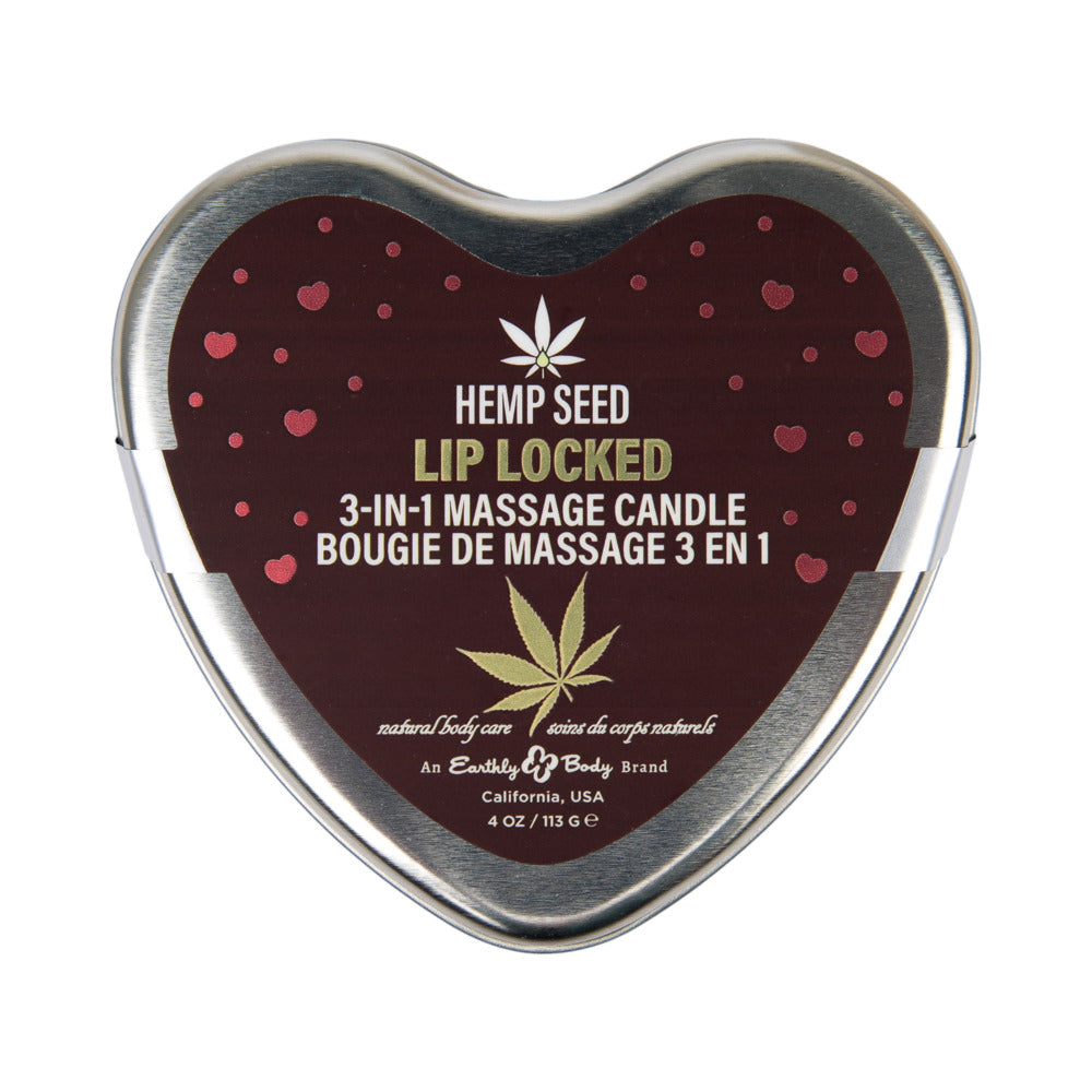 EARTHLY BODY - VELA DE MASAJE 3 EN 1 CON SEMILLA DE CÁÑAMO CON FORMA DE CORAZÓN SAN VALENTÍN LABIOS SELLADOS 4.7 OZ.