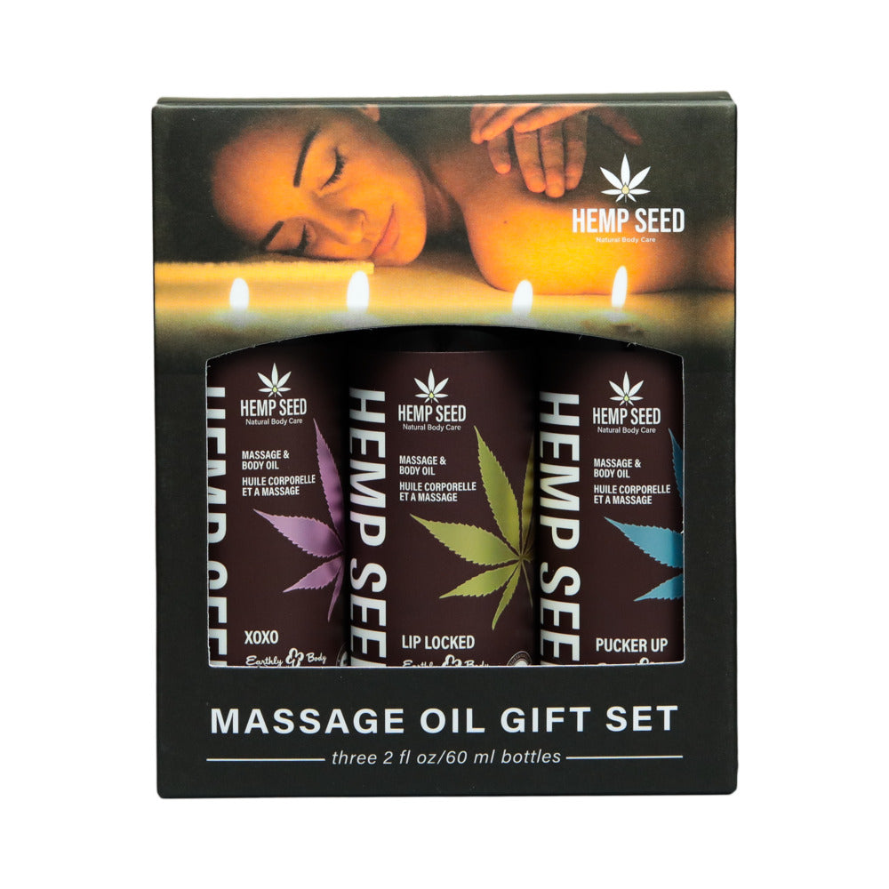 EARTHLY BODY - JUEGO DE REGALO TRÍO DE ACEITES DE MASAJE CON SEMILLA DE CÁÑAMO PARA SAN VALENTÍN: XOXO, LIP LOCKED, PUCKER UP