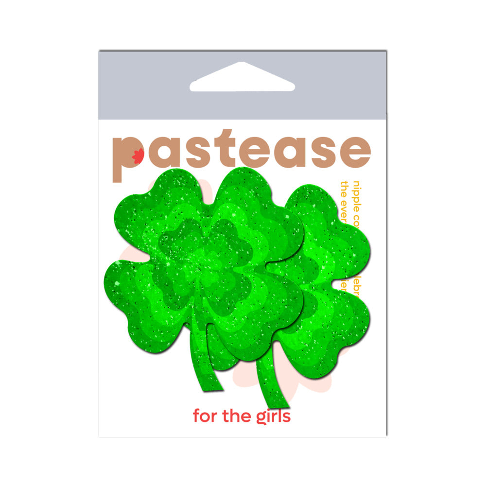 PASTEASE - FOUR LEAF CLOVER GREEN GLITTER VELVET PUMPING SHAMROCK NIPPLE PASTIES