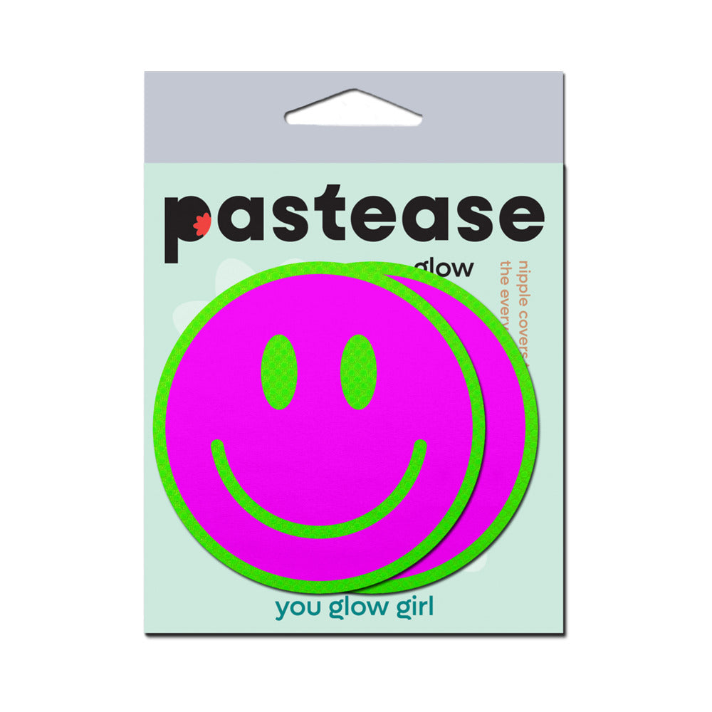 PASTEASE - NEON GREEN GLOW-IN-THE-DARK PINK SMILEY FACE BREAST PASTIES