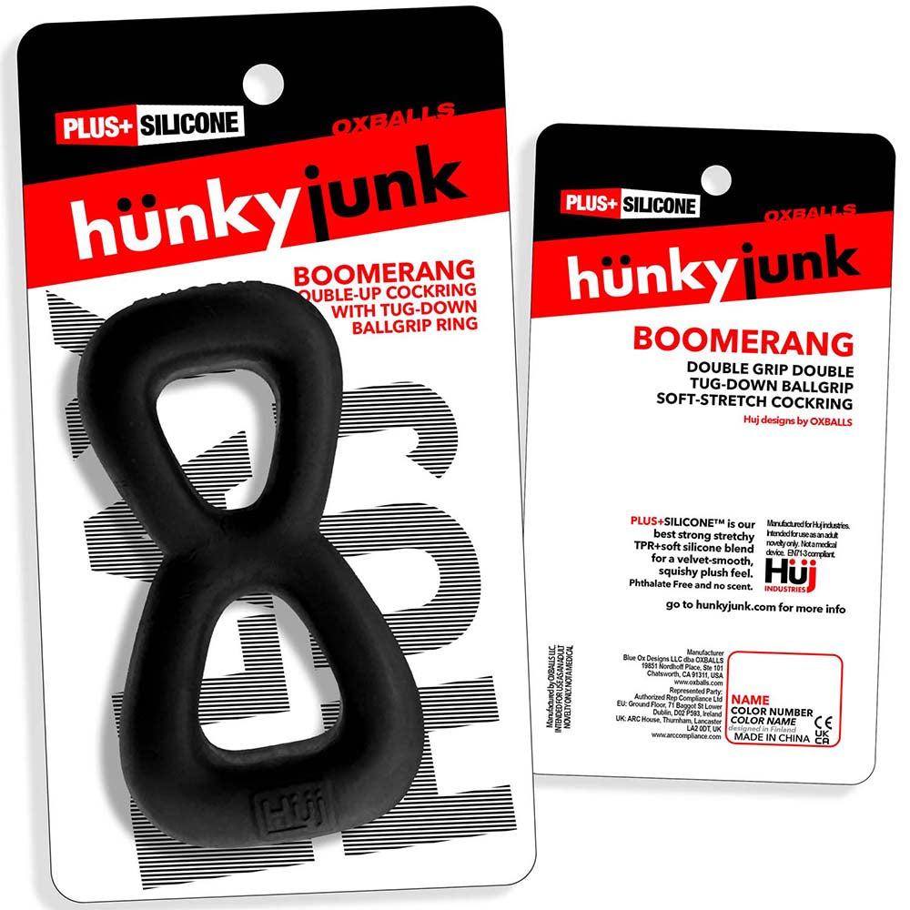 OXBALLS - HUNKYJUNK BOOMERANG DOUBLE-RING COCKRING & NUT-TUGGER BLACK FOG