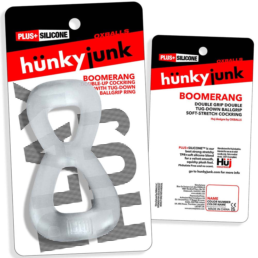 OXBALLS - HUNKYJUNK BOOMERANG DOUBLE-RING COCKRING & NUT-TUGGER CLEAR STEAM