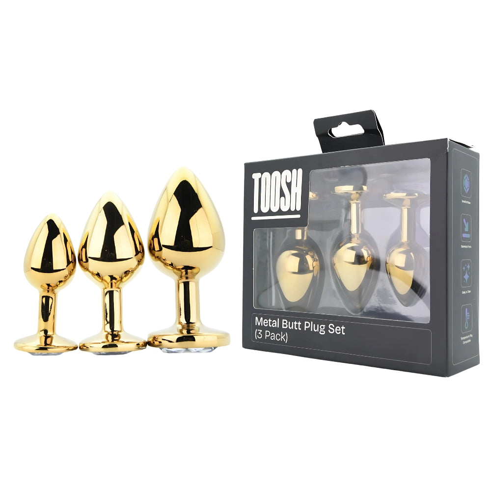 TOOSH - Metal Butt Plug Gold Set of 3 Clear Stone