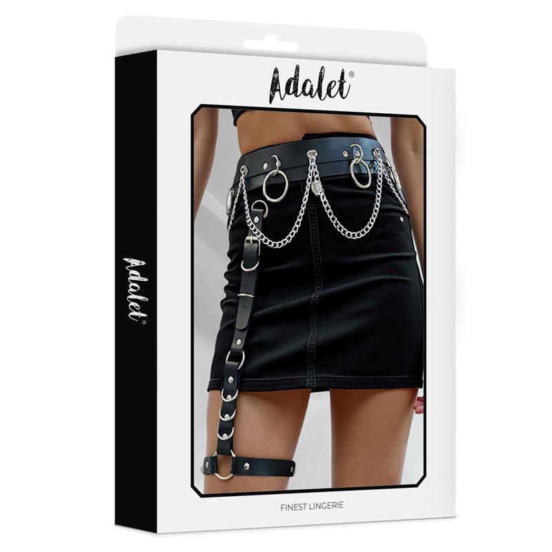 ADALET LINGERIE - CORAL VEGAN LEATHER GARTER WITH LEG RING AND CHAIN ONE SIZE