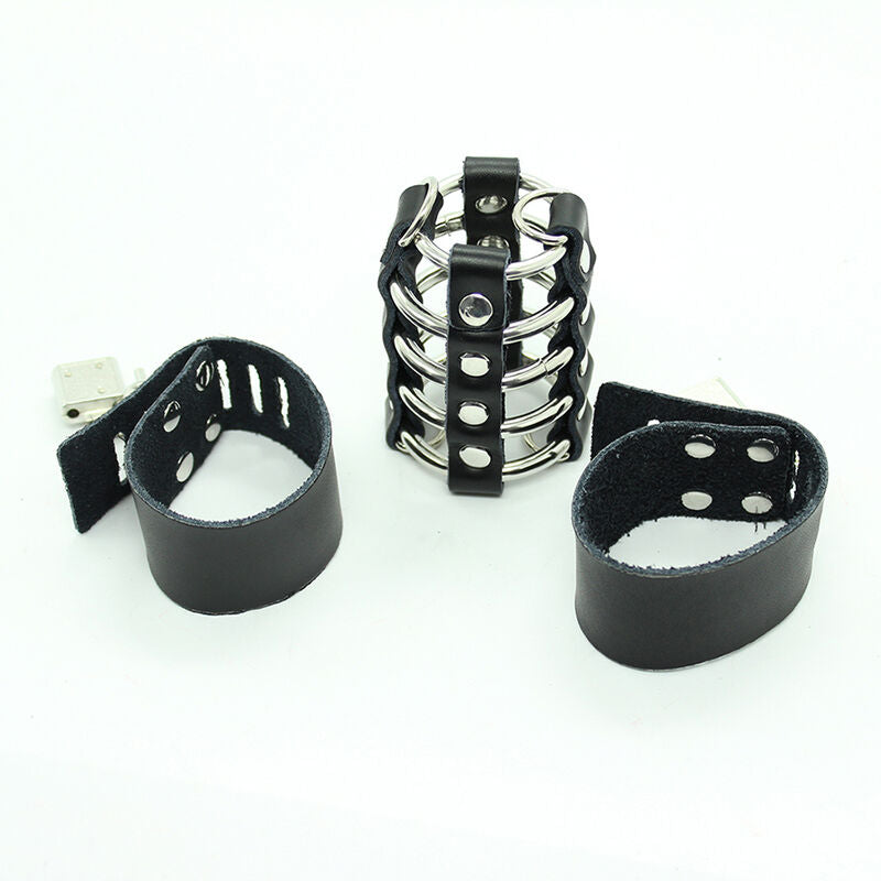 OHMAMA FETISH - CAGE DE PÉNIS AVEC ANNEAUX MÉTALLIQUES ET SANGLES EN CUIR