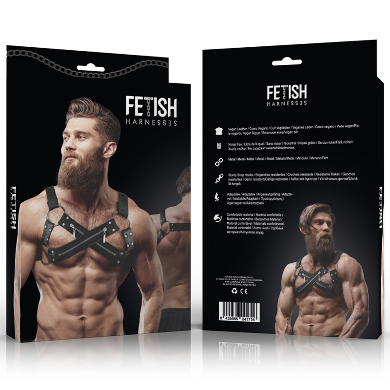 ATTITUDE SOUMISE FÉTICHE - HARNAIS POITRINE CROSS-OVER RÉGLABLE EN NÉOPRÈNE STYLE BULLDOG AVEC FERMETURES ÉCLAIR POUR HOMMES