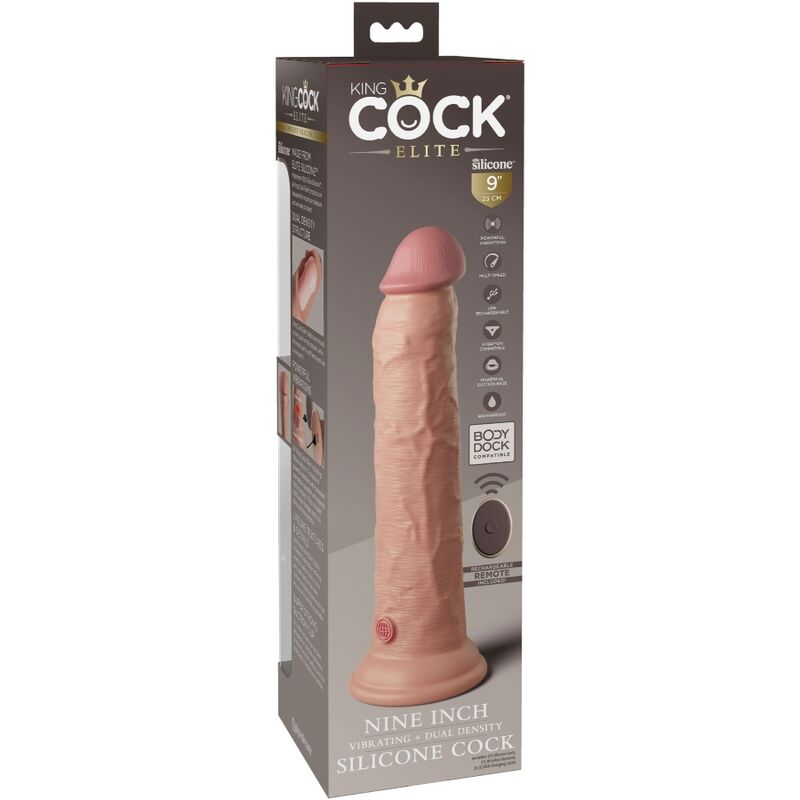 KING COCK - DILDO VIBRADOR ELITE REALISTA Y CONTROL REMOTO DE SILICONA 23 CM