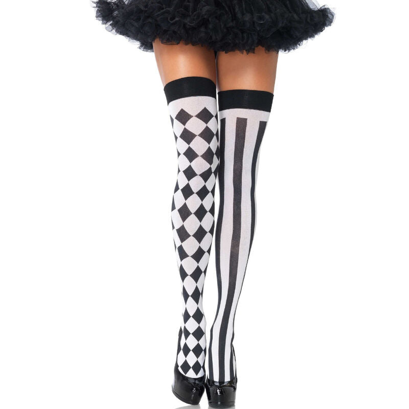 LEG AVENUE - CALCETINES ALTOS DE ARLEQUÍN NEGRO/BLANCO