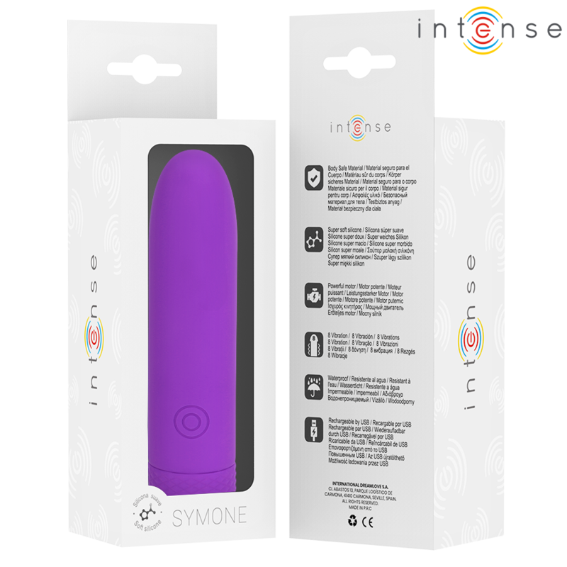 INTENSE - SYMONE VIBRADOR TIPO BALA RECARGABLE POR USB 8 VIBRACIONES MORADO 10 X 2.2 CM