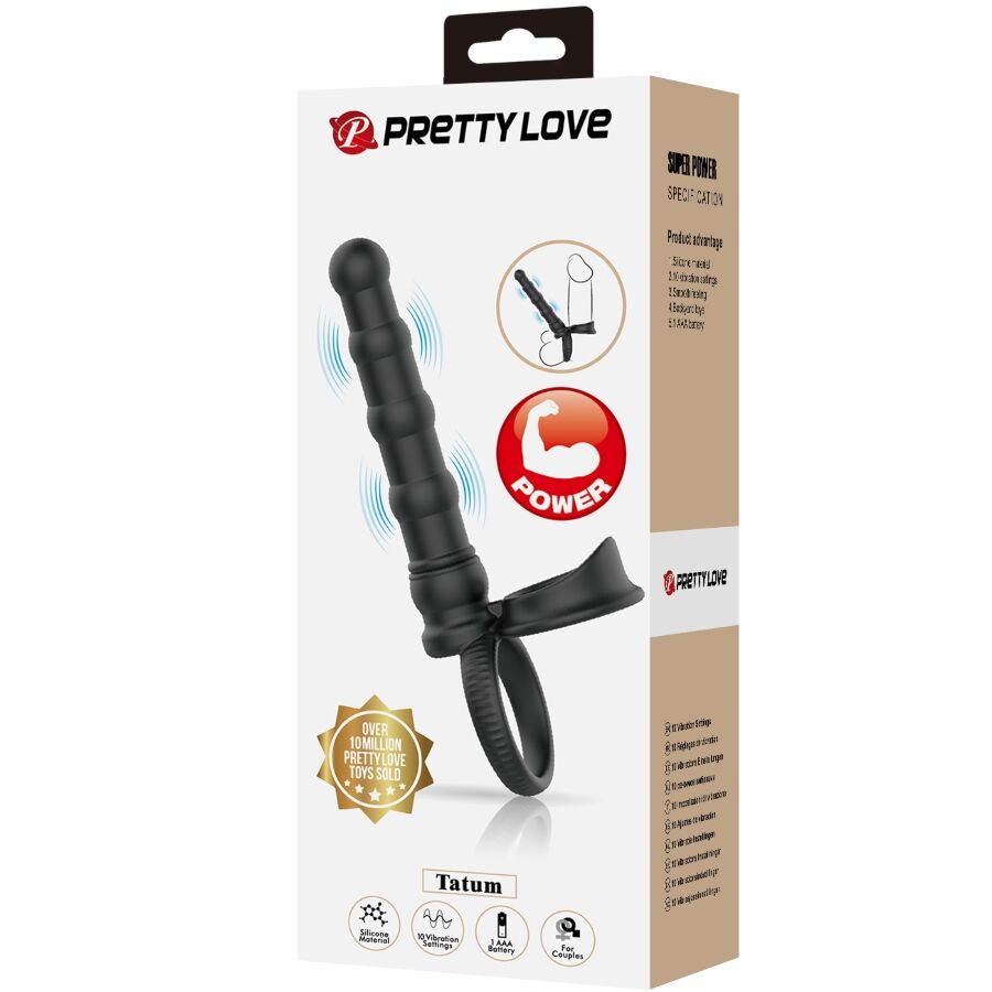 PRETTY LOVE - TATUM VIBRATING PENIS RING WITH PLUG 10 VIBRATIONS BLACK
