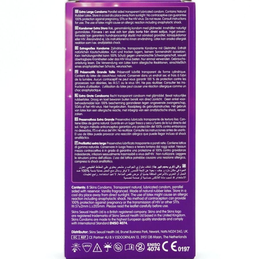 SKINS - CONDONES PREMIUM TALLA EXTRA GRANDE PACK 8
