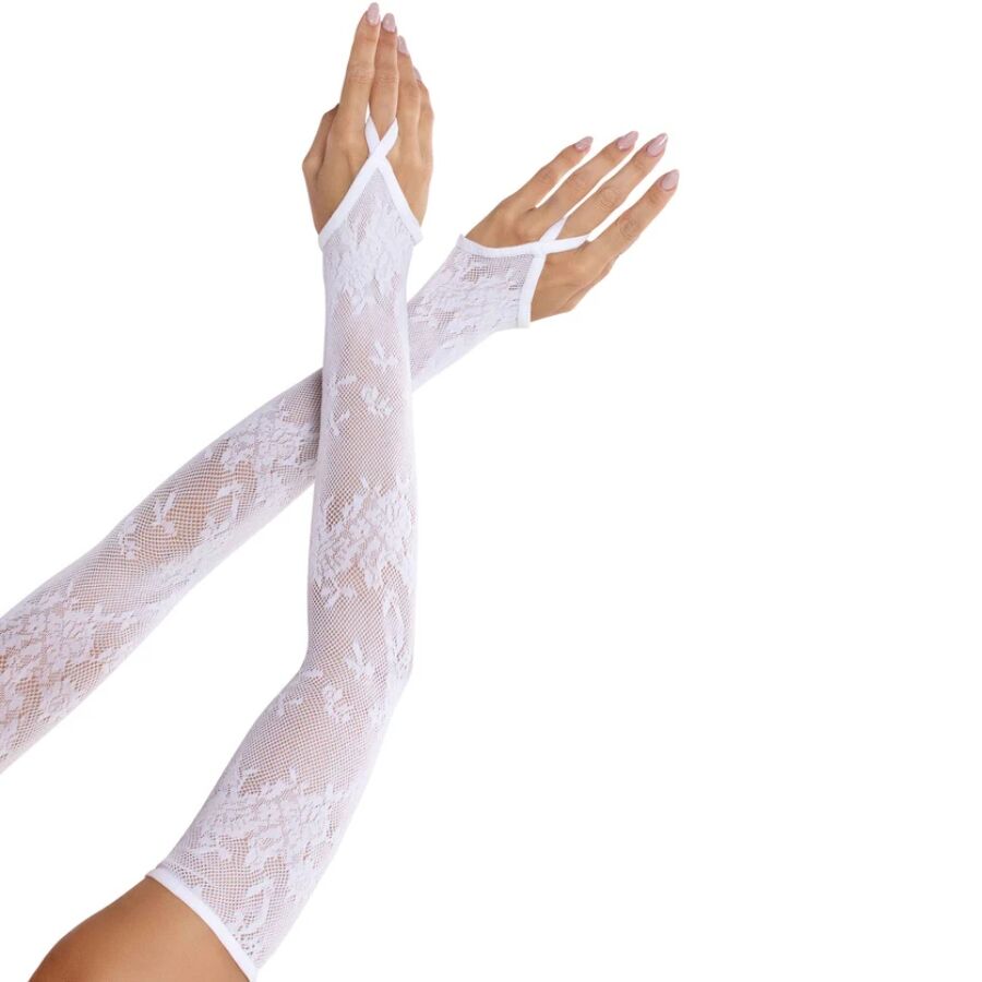 LEG AVENUE - GUANTES DE ENCAJE FLORAL EXTRALARGOS COLOR BLANCO