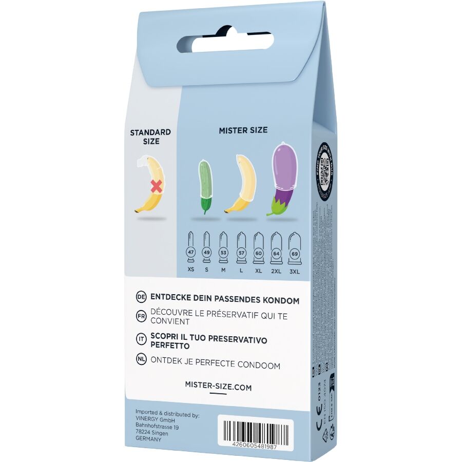 MISTER SIZE - KIT DE PRUEBA: 3 PRESERVATIVOS DE DIFERENTES TAMAÑOS + CINTA MÉTRICA