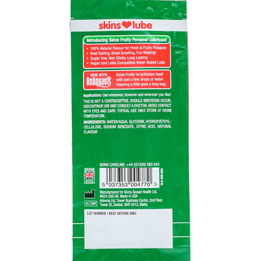 SKINS - LUBRICANTE ÍNTIMO CON BASE ACUOSA SABOR SANDÍA MONODOSIS 5 ML