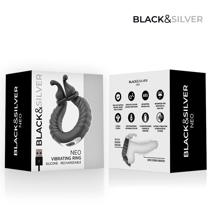 BLACK & SILVER - NEO RECHARGEABLE COUPLES' VIBRATING RING BLACK