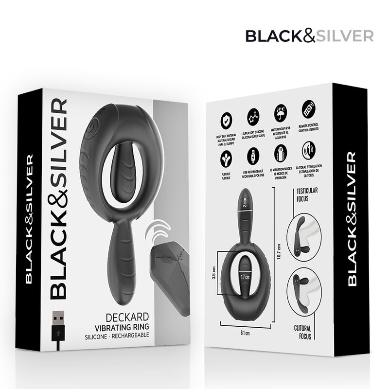 BLACK & SILVER - DECKARD RECHARGEABLE VIBRATING RING WITH REMOTE CONTROL BLACK