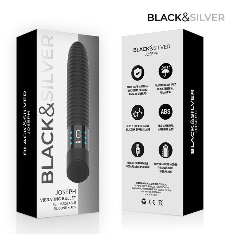 BLACK & SILVER - JOSEPH USB RECHARGEABLE VIBRATOR WITH LED DISPLAY BLACK