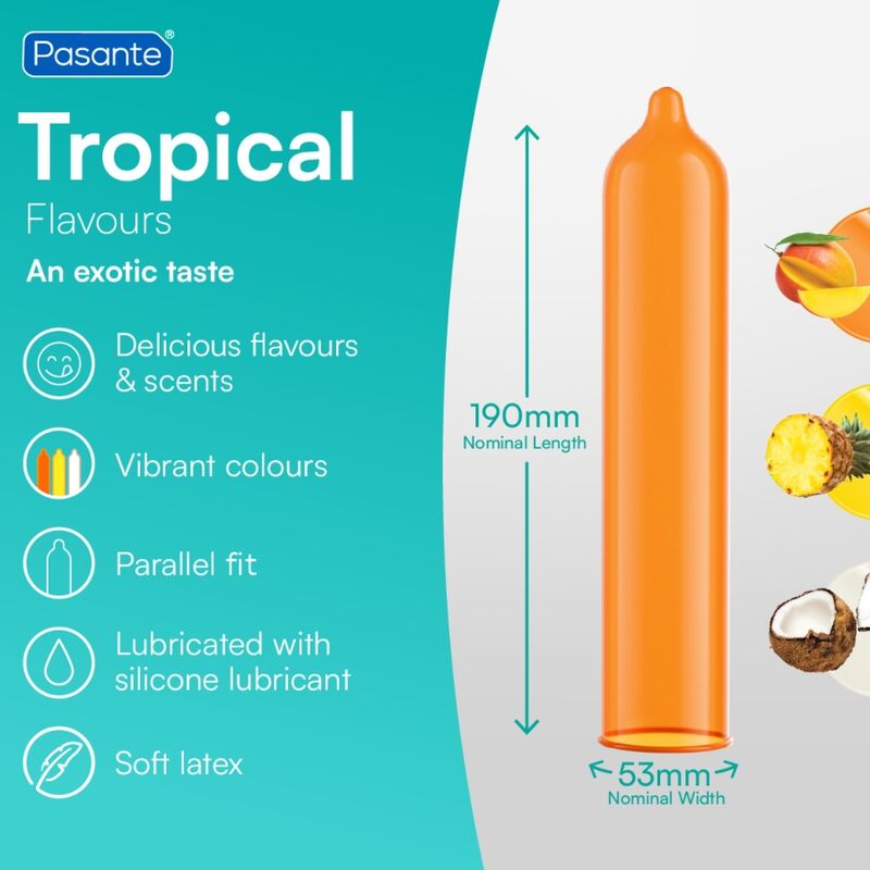 PASANTE - TROPICAL MANGO PINEAPPLE AND COCONUT FLAVOURED CONDOMS 53 MM 144 UNITS