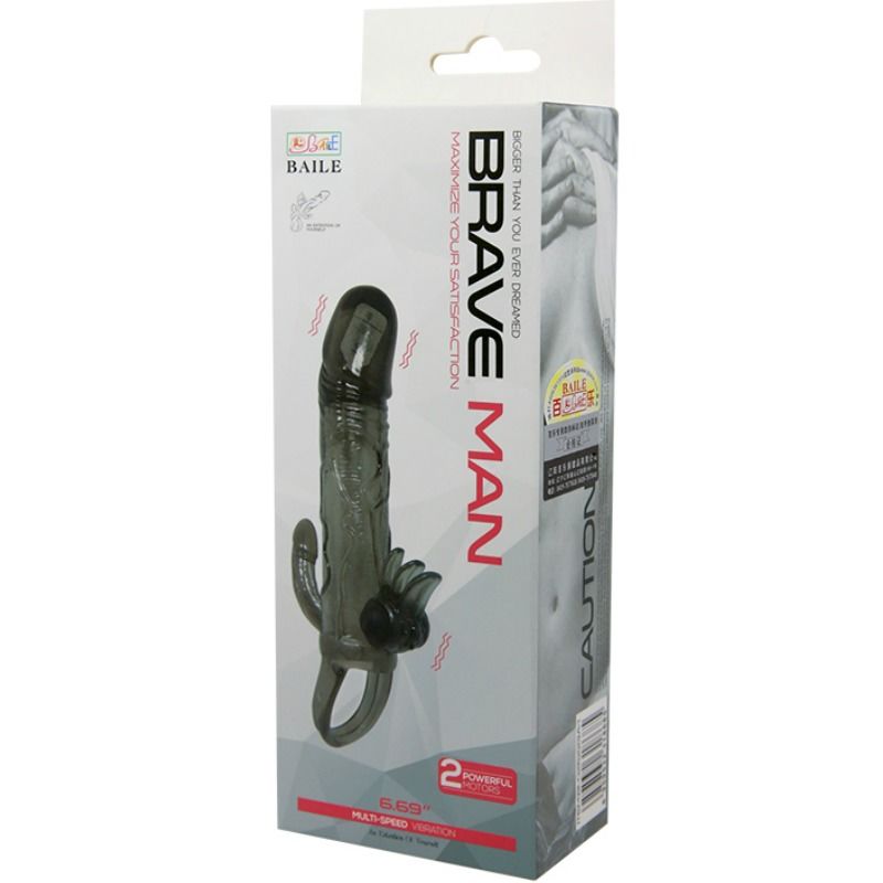 BAILE - COBERTURA PARA PENE BRAVE MAN CON ESTIMULACIÓN CLITORIDIANA Y ANAL, DOBLE BALA, NEGRO, 16.5 CM