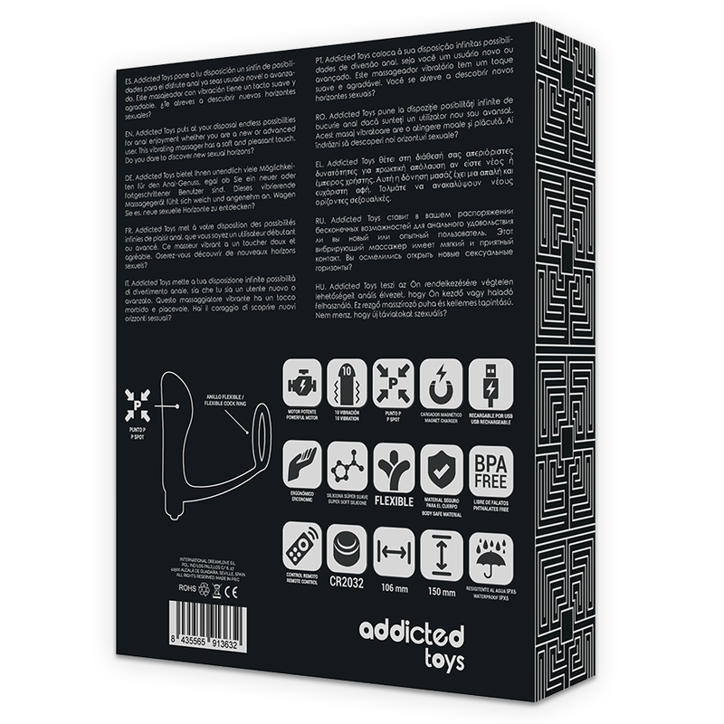 ADDICTED TOYS - ANILLO PARA PENE CON PLUG ANAL CON CONTROL REMOTO, NEGRO, RECARGABLE