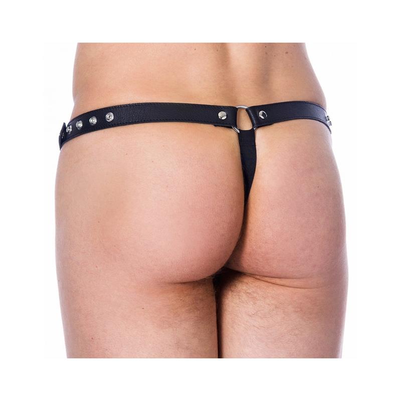 JUEGOS DE ATADURAS - TANGA DE CUERO AJUSTABLE NEGRO