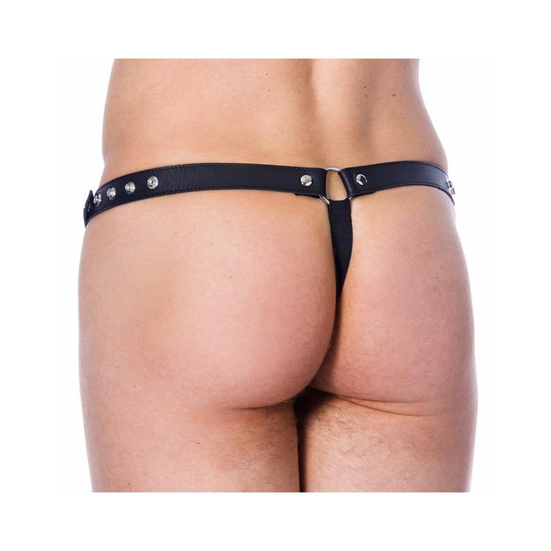 JUEGO BONDAGE - TANGA DE CUERO AJUSTABLE CON REMACHES