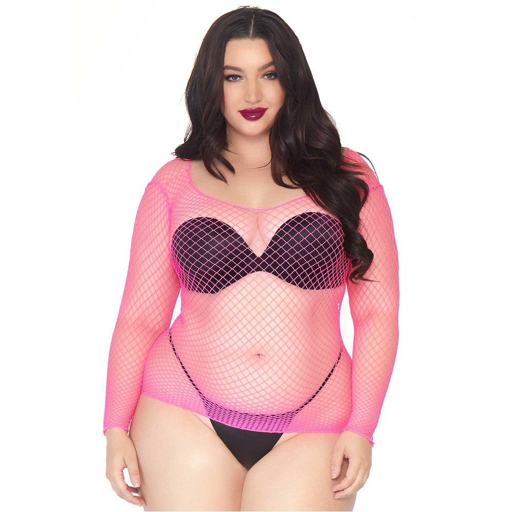 LEG AVENUE - LONG SLEEVED INDUSTRIAL NET TOP NEON PINK PLUS SIZE