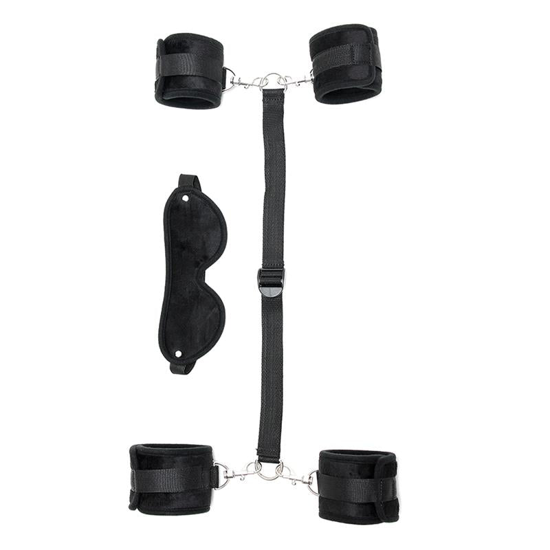 BONDAGE PLAY - HAND TO ANKLE CUFFS WITH MASK ADJUSTABLE BLACK