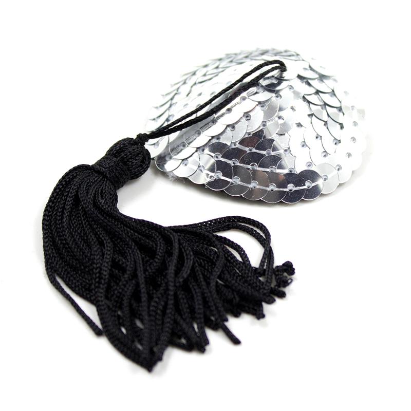LATETOBED BDSM LINE - SELF-ADHESIVE HEART SEQUIN NIPPLE COVER WITH TASSEL SILVER/BLACK