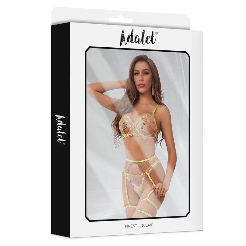 ADALET LINGERIE - CONJUNTO DE SOSTÉN, TANGA, LIGUERO Y LIGAS FLORALES ZOEY