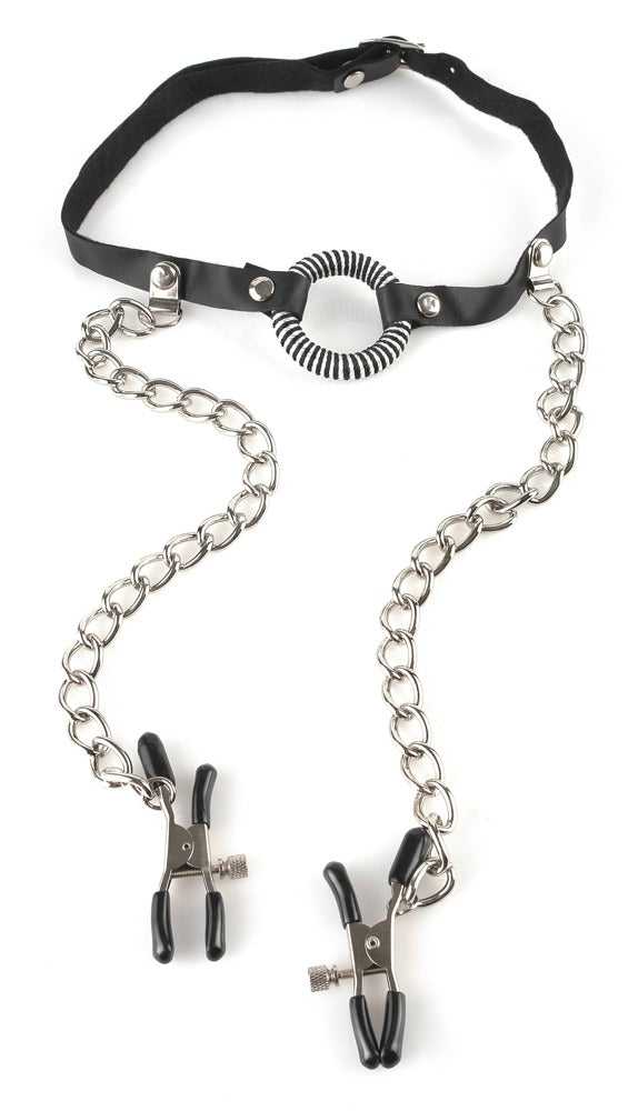 FETISH FANTASY SERIES - O-RING GAG WITH NIPPLE CLAMPS