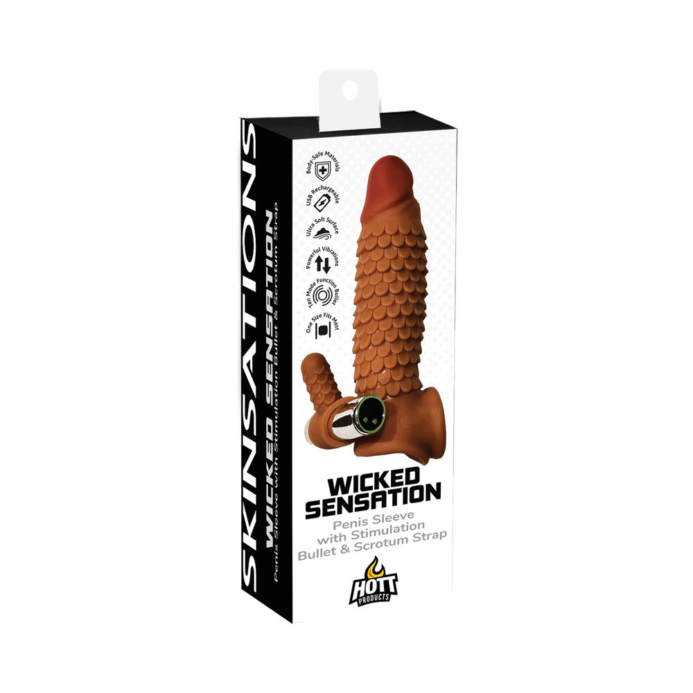 HOTT PRODUCTS - SKINSATIONS WICKED SENSATION TEXTURED PENIS SLEEVE WITH SCROTUM STRAP MULTI-SPEED BULLET RECHARGEABLE