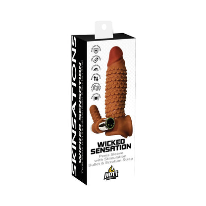 HOTT PRODUCTS - SKINSATIONS WICKED SENSATION TEXTURED PENIS SLEEVE WITH SCROTUM STRAP MULTI-SPEED BULLET RECHARGEABLE
