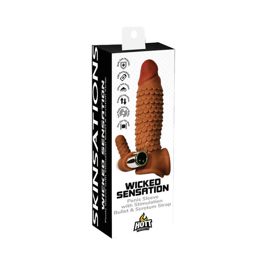 HOTT PRODUCTS - SKINSATIONS WICKED SENSATION TEXTURED PENIS SLEEVE WITH SCROTUM STRAP MULTI-SPEED BULLET RECHARGEABLE