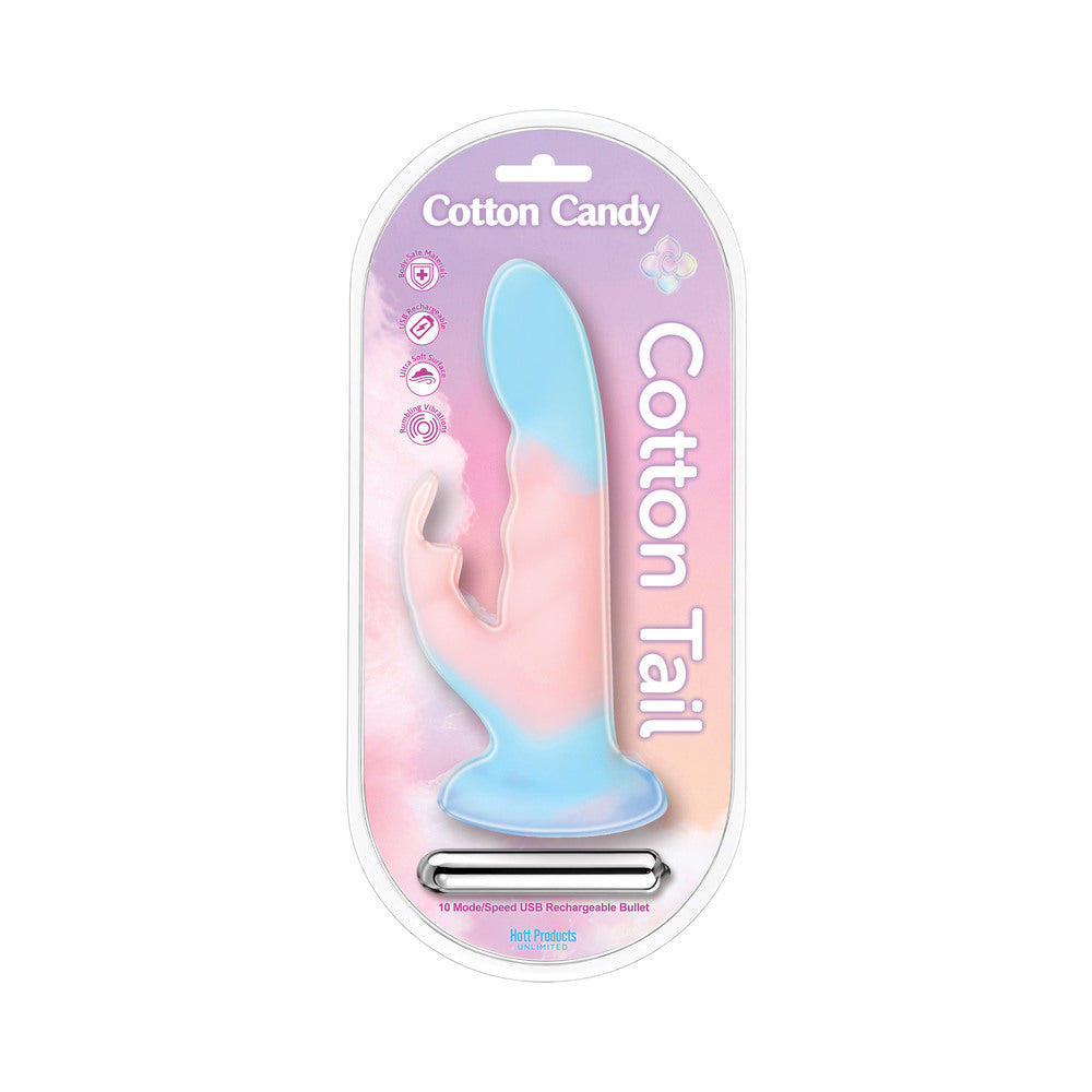 HOTT PRODUCTS - COTTON CANDY COTTON TAIL DILDO WITH RABBIT STIMULATOR GRADIENT COLOR