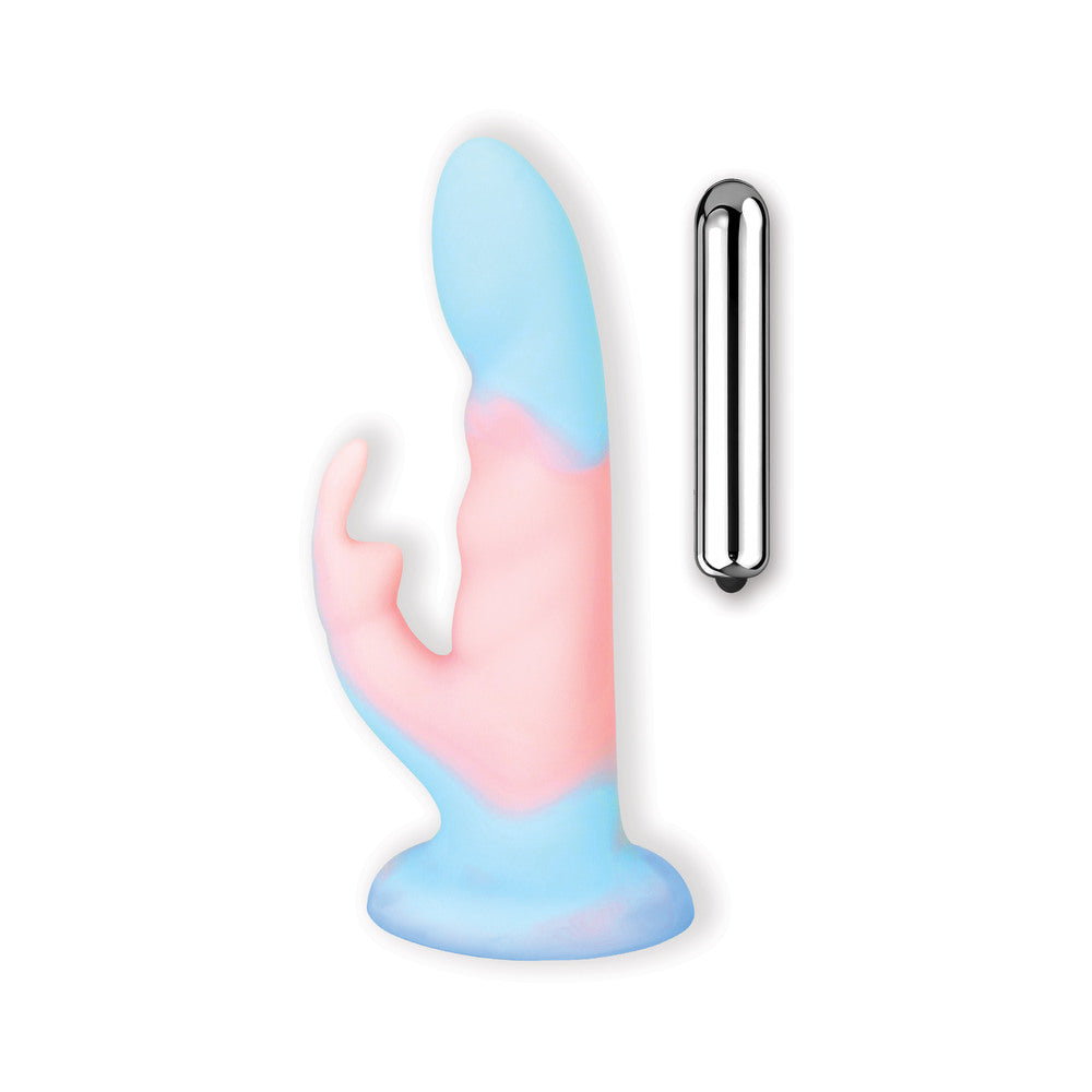 HOTT PRODUCTS - COTTON CANDY COTTON TAIL DILDO WITH RABBIT STIMULATOR GRADIENT COLOR