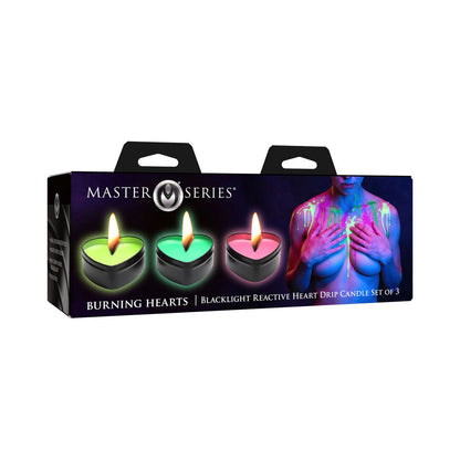 XR BRANDS - MASTER SERIES UV BLACKLIGHT REACTIVE HEART DRIP CANDLE 3-PIECE SET