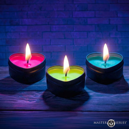 XR BRANDS - MASTER SERIES UV BLACKLIGHT REACTIVE HEART DRIP CANDLE 3-PIECE SET