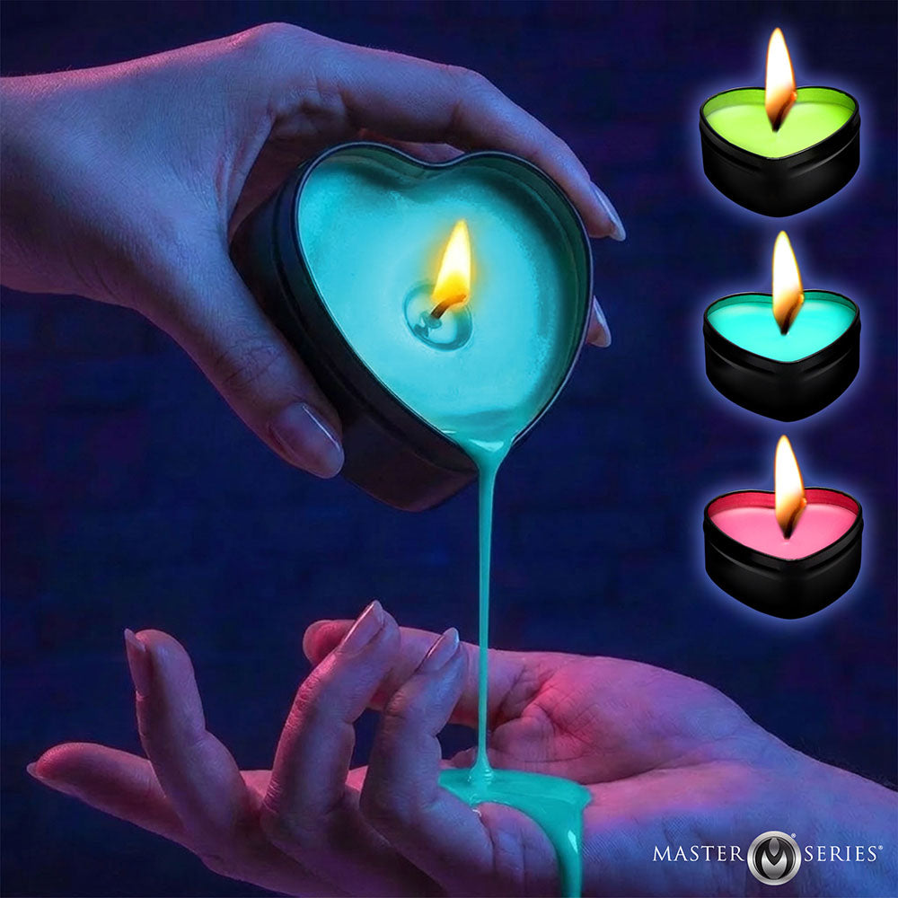 XR BRANDS - MASTER SERIES UV BLACKLIGHT REACTIVE HEART DRIP CANDLE 3-PIECE SET