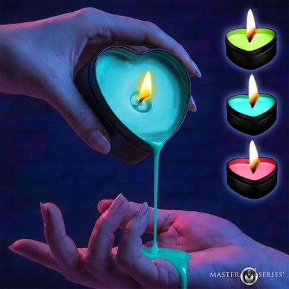 XR BRANDS - MASTER SERIES UV BLACKLIGHT REACTIVE HEART DRIP CANDLE 3-PIECE SET