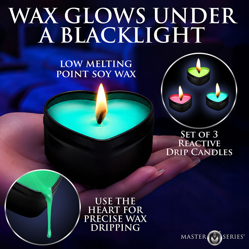 XR BRANDS - MASTER SERIES UV BLACKLIGHT REACTIVE HEART DRIP CANDLE 3-PIECE SET