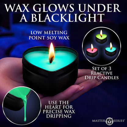 XR BRANDS - MASTER SERIES UV BLACKLIGHT REACTIVE HEART DRIP CANDLE 3-PIECE SET