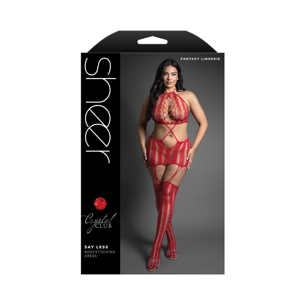 FANTASY LINGERIE - SHEER CRYSTAL CLUB SAY LESS CUT-OUT HALTER BODYSTOCKING DRESS QUEEN SIZE