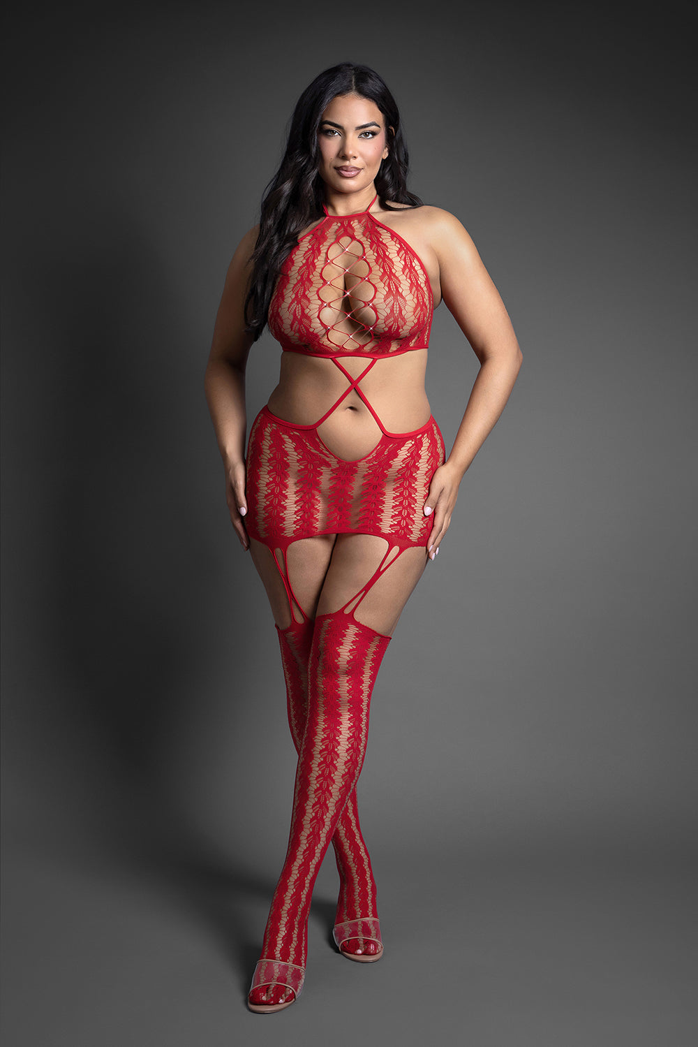 FANTASY LINGERIE - SHEER CRYSTAL CLUB SAY LESS CUT-OUT HALTER BODYSTOCKING DRESS QUEEN SIZE